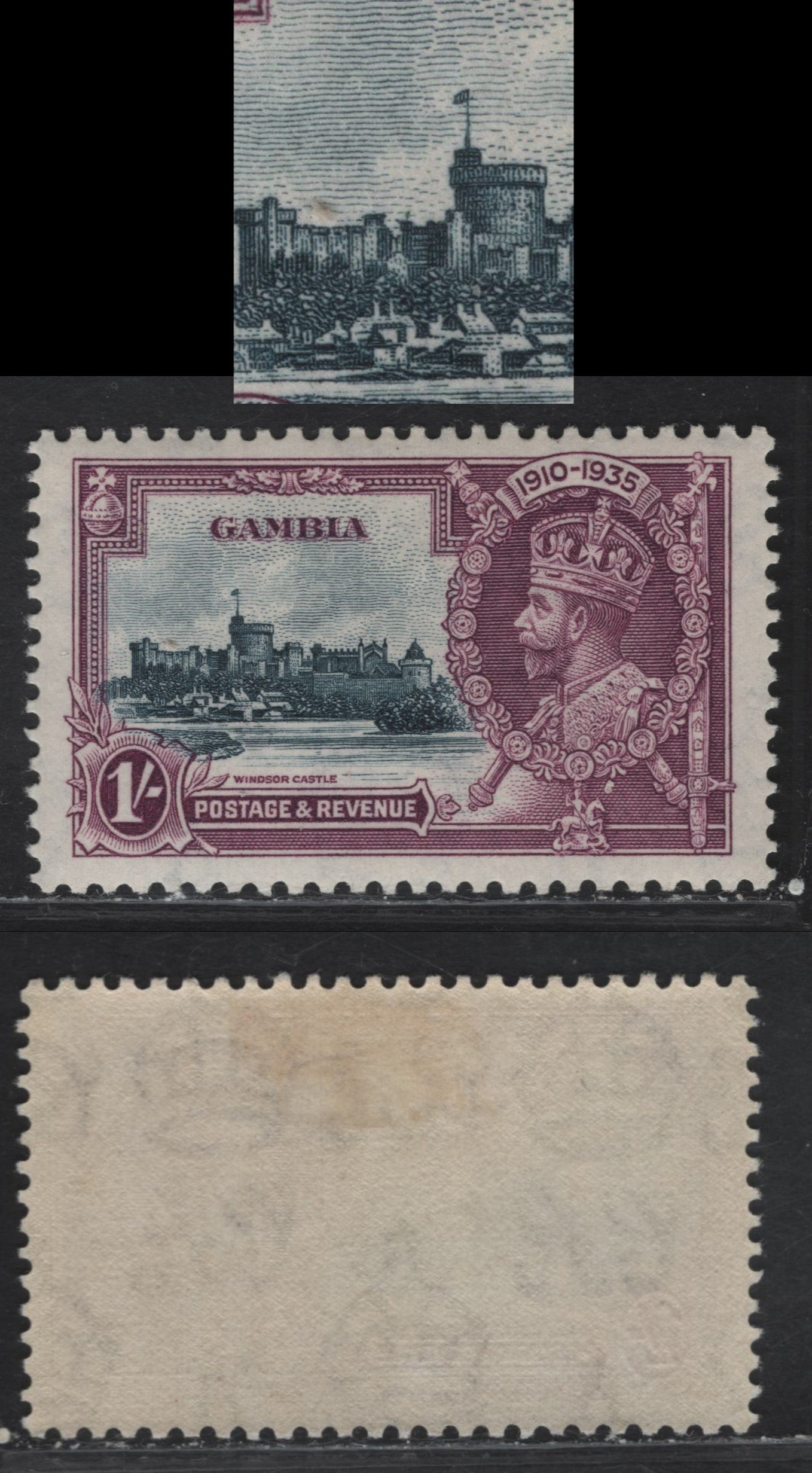Lot 272 Gambia SG#146var 1/- Slate & Rose Purple KGV & Windsor Castle, 1935 Silver Jubilee Issue, A VFOG Single, Showing Short Flagstaff On State Apartments