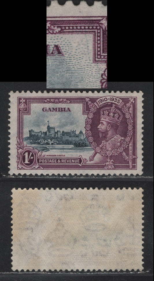 Lot 273 Gambia SG#146var 1/- Slate & Purple KGV & Windsor Castle, 1935 Silver Jubilee Issue, A VFOG Single, Diagonal Hairline Scratch In Sky To Right Of 'Gambia'