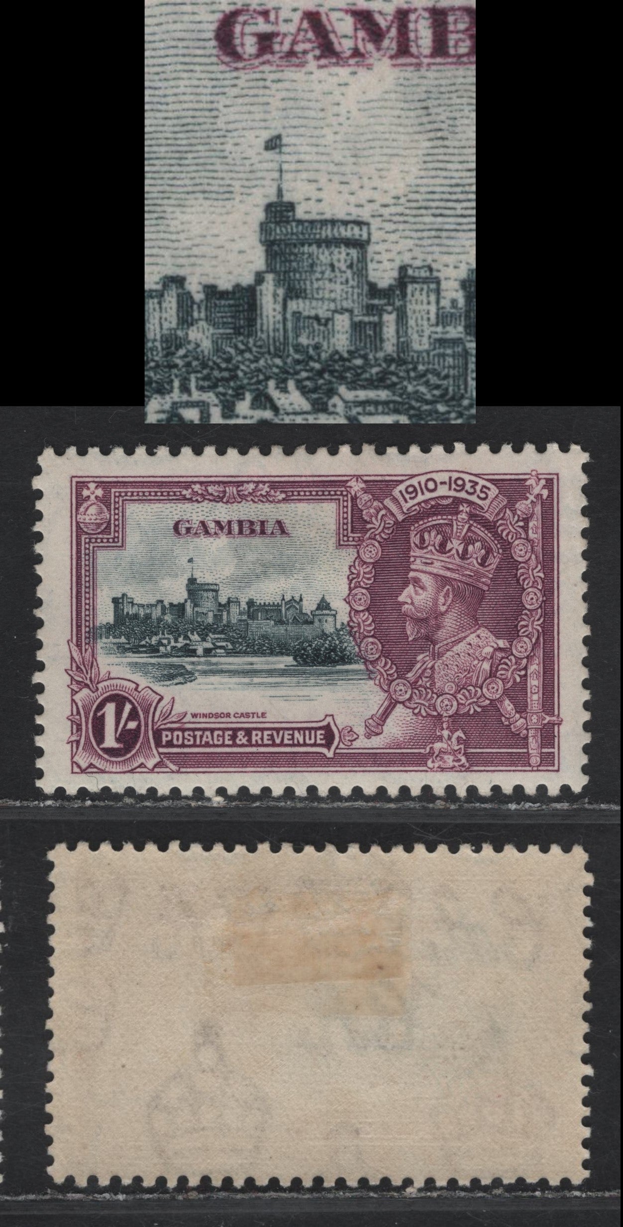 Lot 275 Gambia SG#146var 1/- Slate & Rose Purple KGV & Windsor Castle, 1935 Silver Jubilee Issue, A VFOG Single, Broken Flagstaff