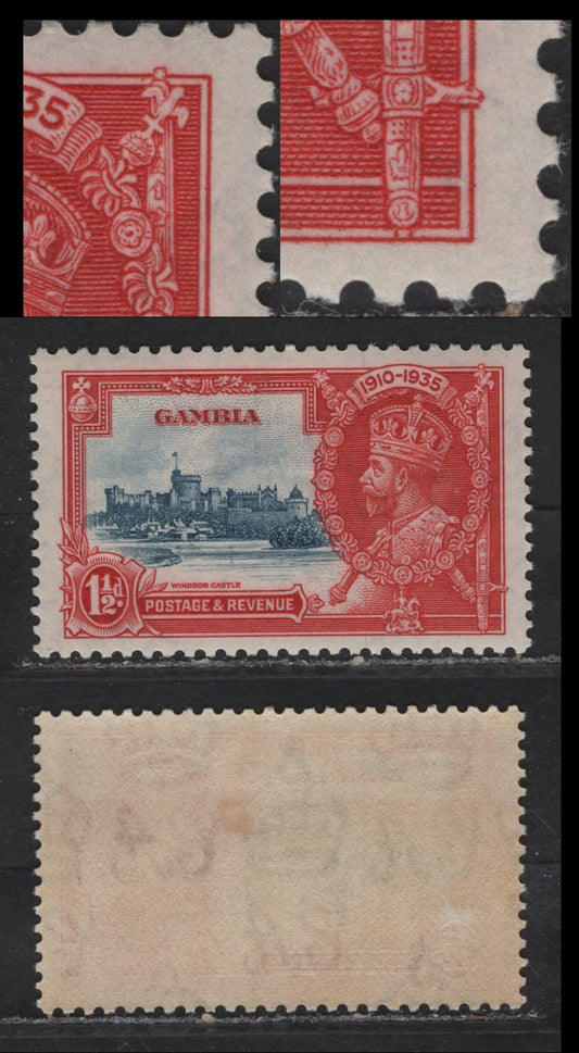 Lot 277 Gambia SG#143var 1.5d Dull Blue & Scarlet KGV & Windsor Castle, 1935 Silver Jubilee Issue, A VFOG Single, Vertical Hairline Frame Plate Crack Through '1' Of 1910 & Lower Rosette Above Scepter