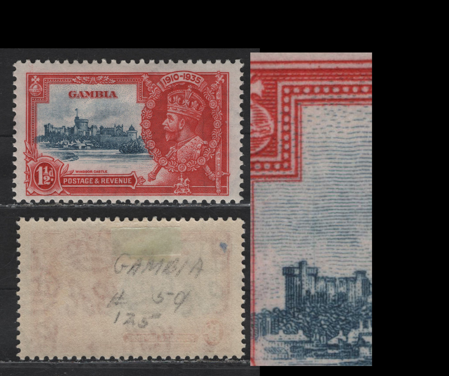 Lot 278 Gambia SG#143var 1.5d Dull Blue & Scarlet KGV & Windsor Castle, 1935 Silver Jubilee Issue, A VFOG Single, Vertical Line Through Brunswick Tower