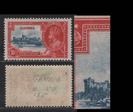 Lot 278 Gambia SG#143var 1.5d Dull Blue & Scarlet KGV & Windsor Castle, 1935 Silver Jubilee Issue, A VFOG Single, Vertical Line Through Brunswick Tower