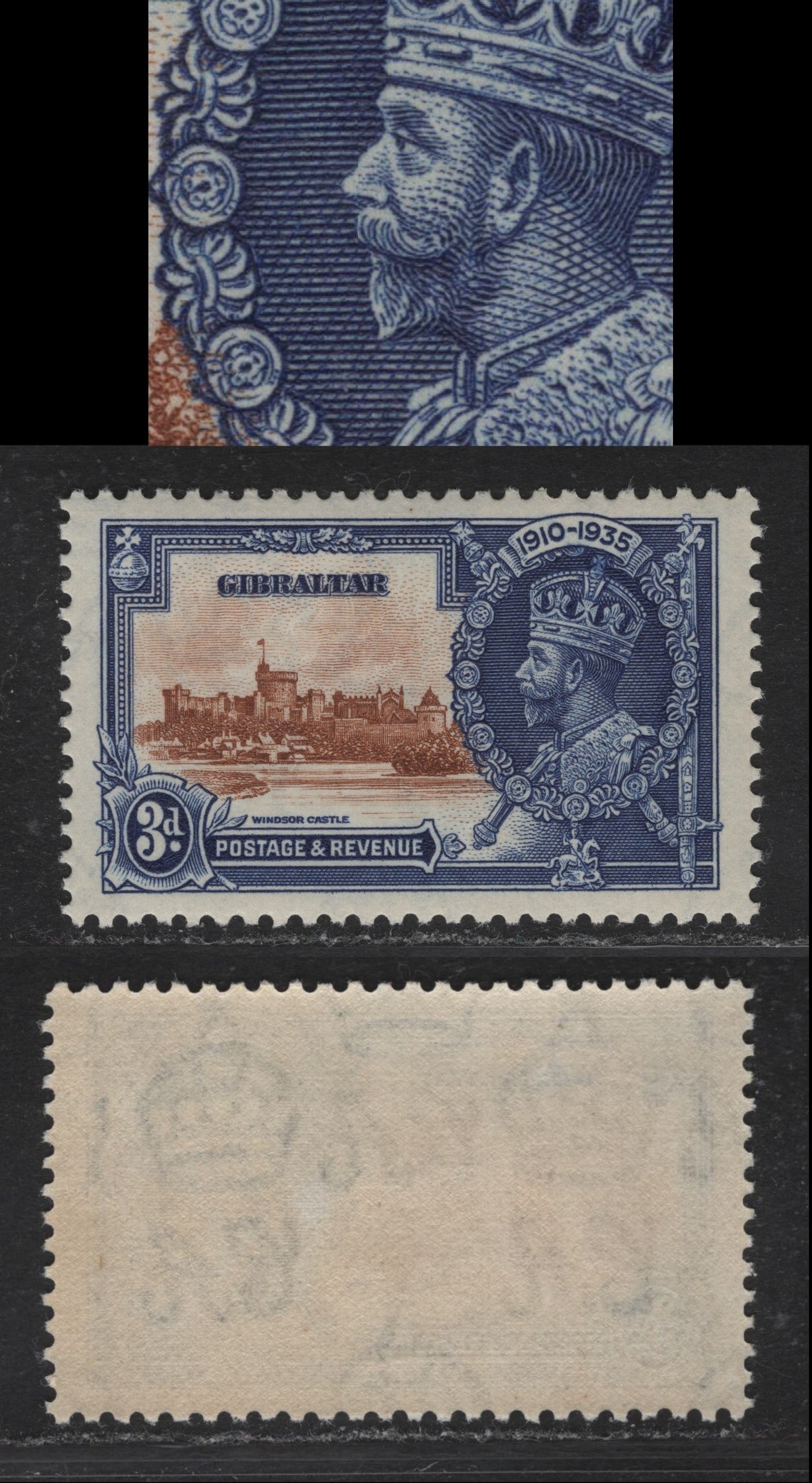 Lot 280 Gibraltar SG#115b 3d Chestnut & Deep Bright Blue KGV & Windsor Castle, 1935 Silver Jubilee Issue, A VFNH Single, Showing Short Extra Flagstaff, Plate 2, R 2/1.
