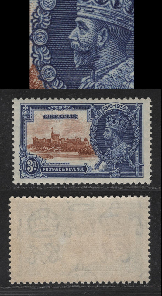Lot 280 Gibraltar SG#115b 3d Chestnut & Deep Bright Blue KGV & Windsor Castle, 1935 Silver Jubilee Issue, A VFNH Single, Showing Short Extra Flagstaff, Plate 2, R 2/1.