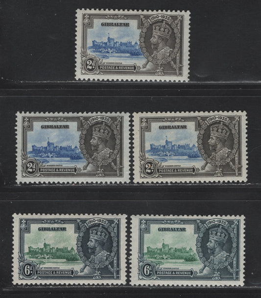 Lot 281 Gibraltar SG#114, 116 2d - 6d Ultramarine & Gray - Green & Indigo KGV & Windsor Castle, 1935 Silver Jubilee Issue, 5 F/VFOG Singles, Shade Lot Shoing Differences In Both Frame & Vignette Plates