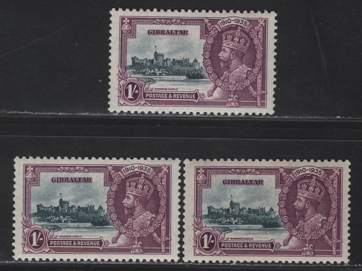 Lot 282 Gibraltar SG#117 1/- Slate & Rose Purple KGV & Windsor Castle, 1935 Silver Jubilee Issue, 3 VFOG Singles, Shade Lot Showing A Different Combination Of Frame & Vignette Shades