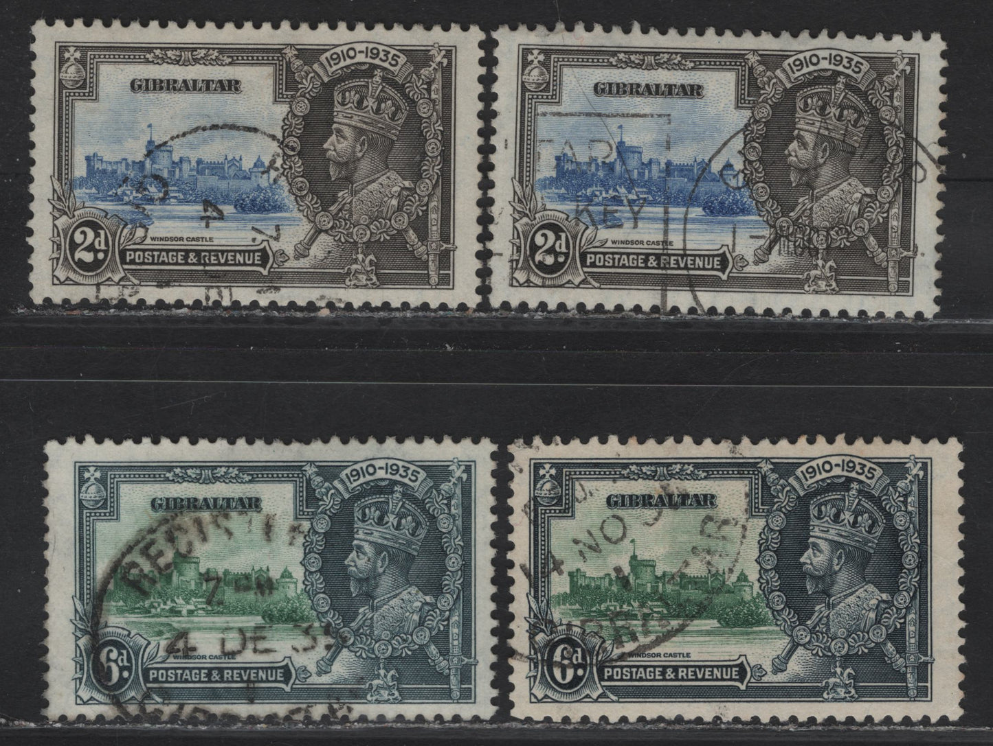 Lot 283 Gibraltar SG#114, 116 2d - 6d Ultramarine & Gray - Green & Indigo KGV & Windsor Castle, 1935 Silver Jubilee Issue, 4 Very Fine Used Singles, Shade Group Showing Different Frame & Vignette Shades