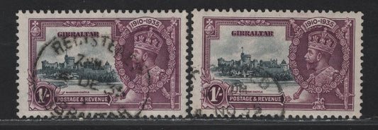 Lot 284 Gibraltar SG#117 1/- Slate/Bluish Slate & Rose Purple KGV & Windsor Castle, 1935 Silver Jubilee Issue, 2 Very Fine Used Singles, Each A Different Shade Of Slate