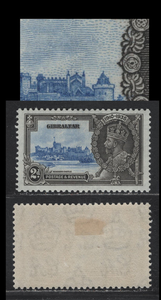 Lot 285 Gibraltar SG#114var 2d Ultramarine & Gray KGV & Windsor Castle, 1935 Silver Jubilee Issue, A VFOG Single, Showing Diagonal Hairline Scratch Above The Chapel, Not One Of The More Common Hairline Plate Cracks On Bradbury Wilkinson Printings