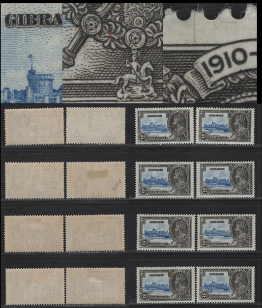 Lot 286 Gibraltar SG#114 2d Ultramarine & Gray KGV & Windsor Castle, 1935 Silver Jubilee Issue, 8 F/VFOG Singles, Showing Multiple Frame Plate Hairline Cracks