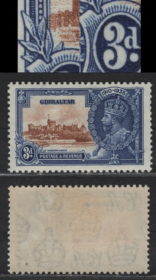 Lot 288 Gibraltar SG#115 3d Chestnut Brown & Deep Bright Blue KGV & Windsor Castle, 1935 Silver Jubilee Issue, A VFOG Single, Showing Crack In Left Leaf & Hairline in '3' Plus Hairline In Right Margin