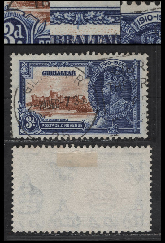 Lot 289 Gibraltar SG#115var 3d Chestnut & Deep Bright Blue KGV & Windsor Castle, 1935 Silver Jubilee Issue, A Very Fine Used Single, Showing A Minor Re-entry & Two Plate Flaws Which May Be Constant