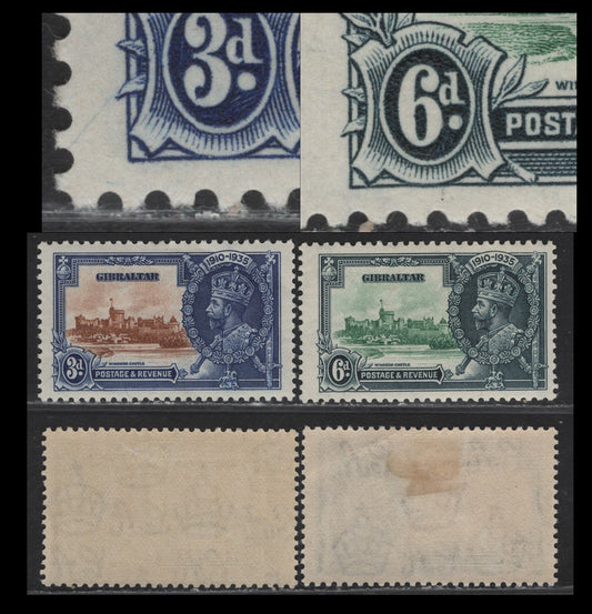 Lot 291 Gibraltar SG#115-116var 3d - 6d Chestnut & Deep Bright Blue - Green & Indigo KGV & Windsor Castle, 1935 Silver Jubilee Issue, 2 F/VFOG Singles, Frame Plate Hairline Cracks Through Period Of 6d & From LL Frame Into Margin Of 3d