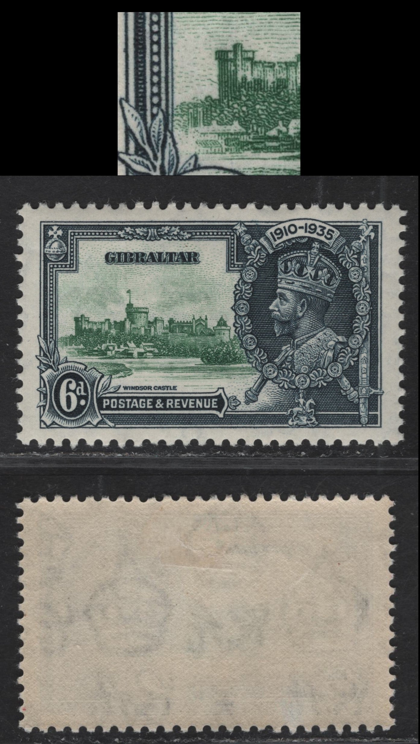 Lot 292 Gibraltar SG#116var 6d Green & Indigo KGV & Windsor Castle, 1935 Silver Jubilee Issue, A VFOG Single, Showing Lightning Rod On Brunswick Tower, Unlisted In Gibbons
