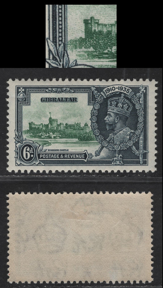 Lot 292 Gibraltar SG#116var 6d Green & Indigo KGV & Windsor Castle, 1935 Silver Jubilee Issue, A VFOG Single, Showing Lightning Rod On Brunswick Tower, Unlisted In Gibbons