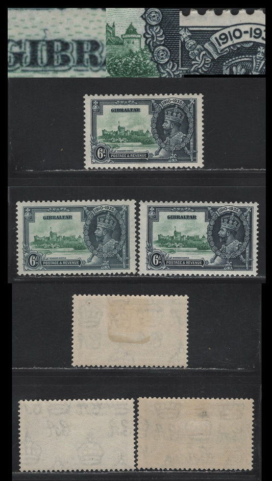 Lot 293 Gibraltar SG#116var 6d Green & Indigo KGV & Windsor Castle, 1935 Silver Jubilee Issue, 3 VFOG Singles, Three Potentially Constant Frame Plate Varieties