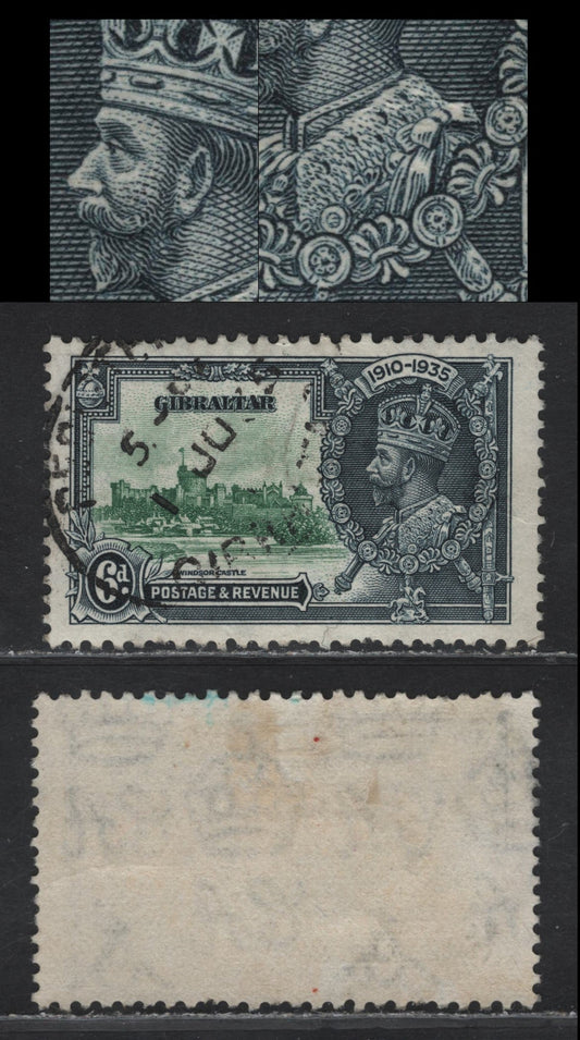 Lot 294 Gibraltar SG#116var 6d Green & Indigo KGV & Windsor Castle, 1935 Silver Jubilee Issue, A Fine Used Single, Showing 2 Vertical Hairline Vignette Plate Scratches Above State Apartments