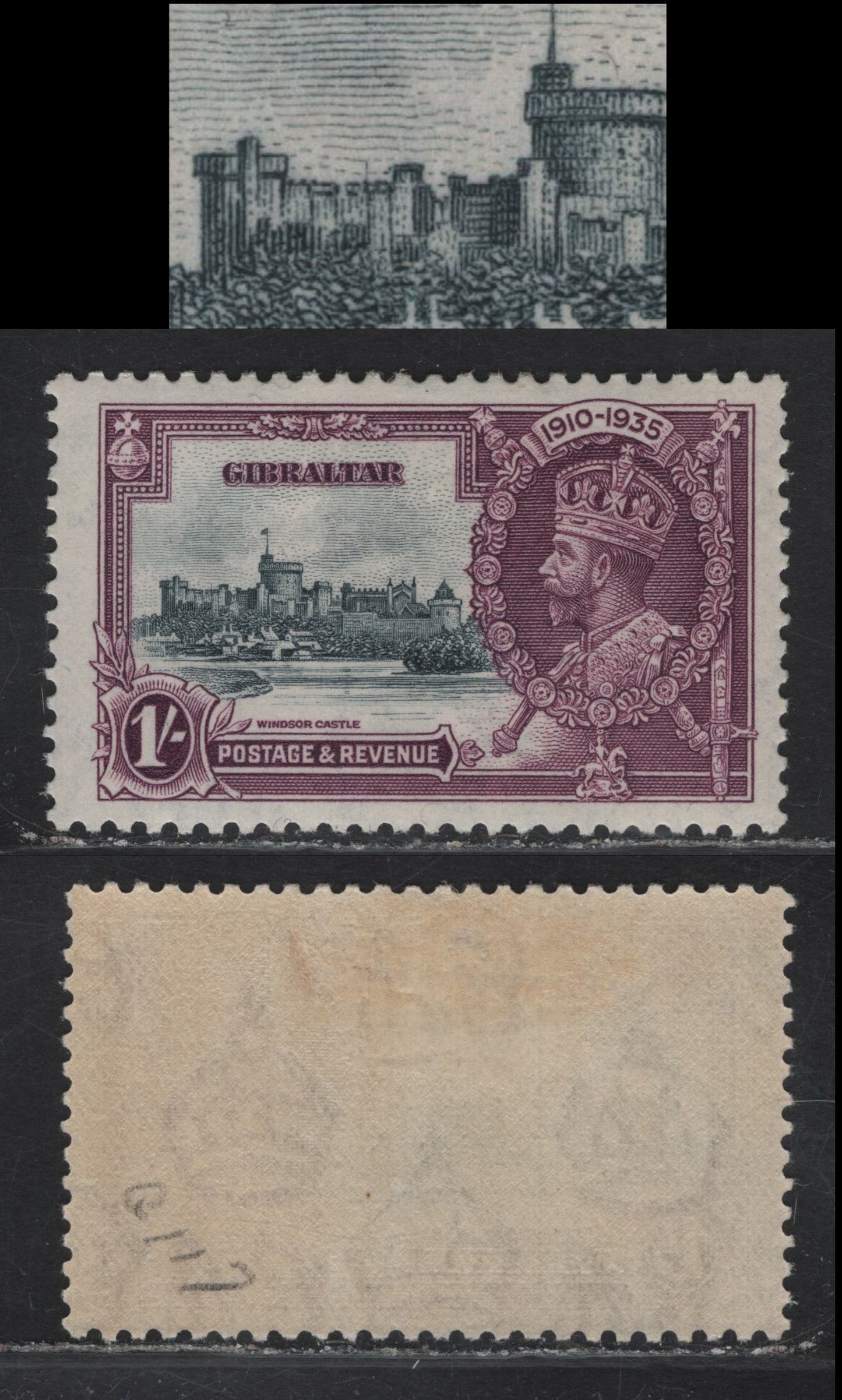 Lot 295 Gibraltar SG#117var 1/- Slate & Rose Purple KGV & Windsor Castle, 1935 Silver Jubilee Issue, A VFOG Single, Showing A Small Flagstaff Above The State Apartments
