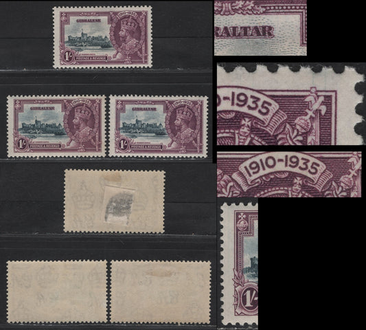 Lot 297 Gibraltar SG#117var 1/- Slate & Purple KGV & Windsor Castle, 1935 Silver Jubilee Issue, 3 VFOG Singles, Showing Feint Vignette Plate Cracks In Left Margin, Through 3 of 1935, In The UR Margin & To The Right Of R Of Gibraltar.