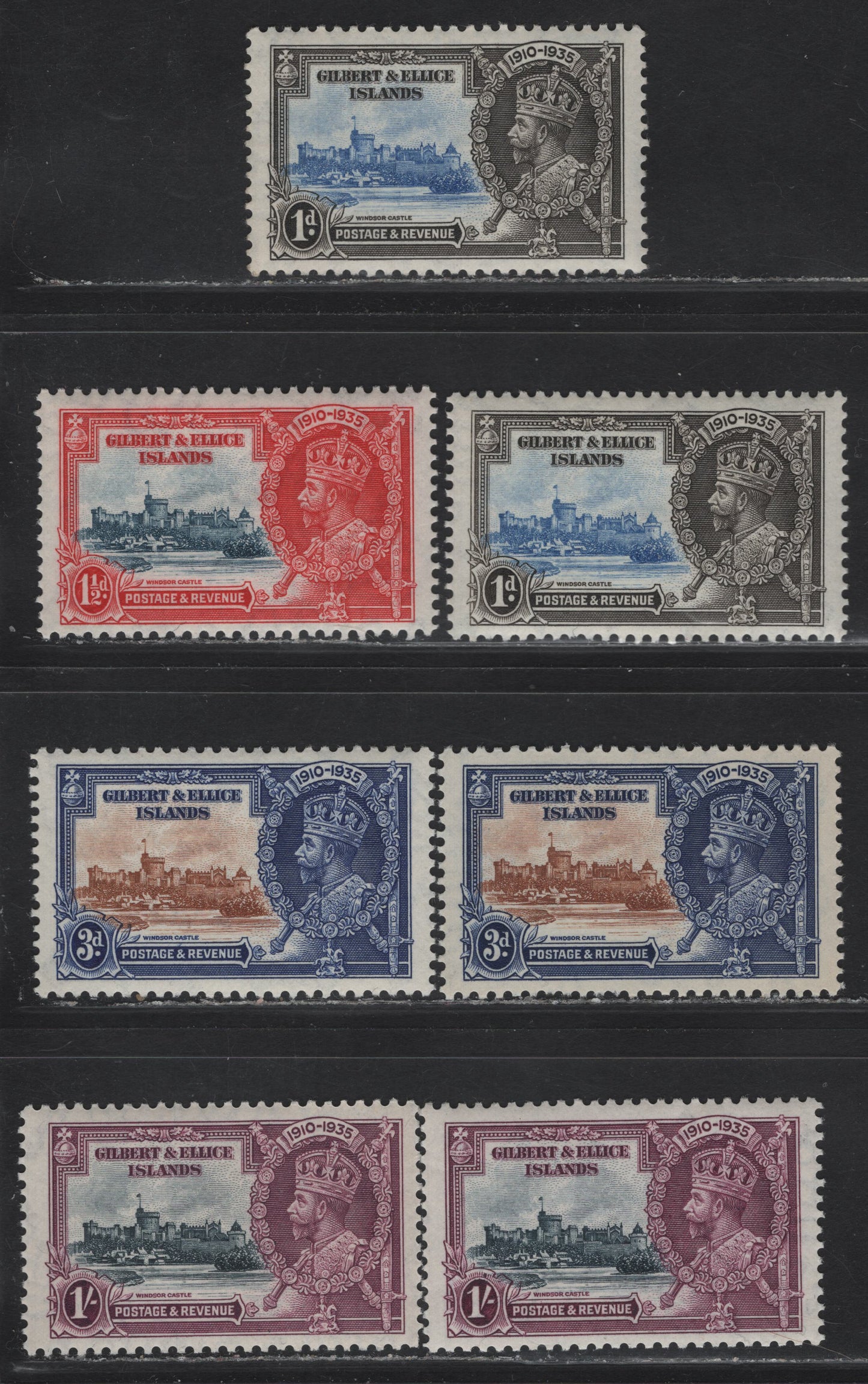Lot 298 Gilbert & Ellis Islands SG#36-39 1d - 1/- Ultramarine & Gray - Slate & Rose Purple KGV & Windsor Castle, 1935 Silver Jubilee Issue, 7 VFNH Singles, Well Centered NH Set, Includes Additional Shade Varieties of The 1d, 3d & 1/-