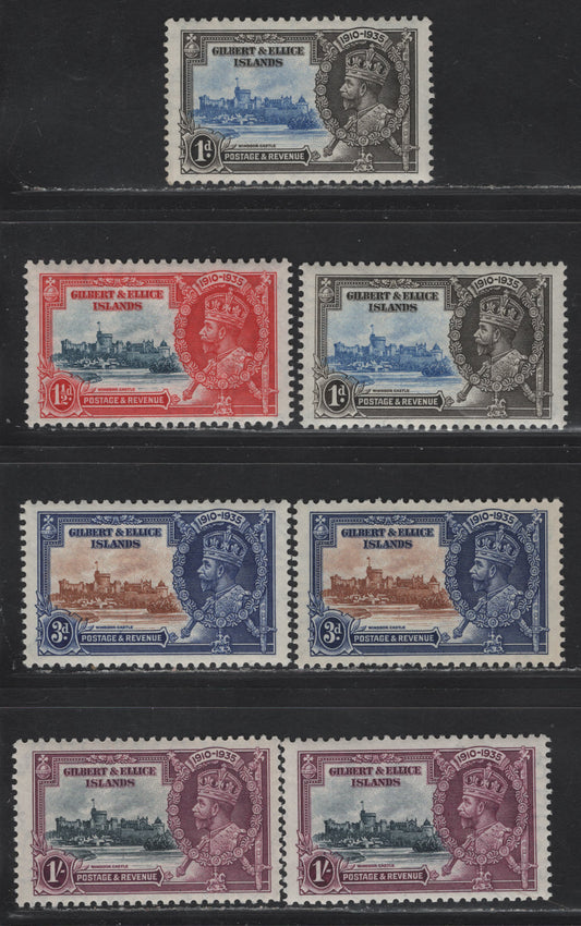 Lot 298 Gilbert & Ellis Islands SG#36-39 1d - 1/- Ultramarine & Gray - Slate & Rose Purple KGV & Windsor Castle, 1935 Silver Jubilee Issue, 7 VFNH Singles, Well Centered NH Set, Includes Additional Shade Varieties of The 1d, 3d & 1/-