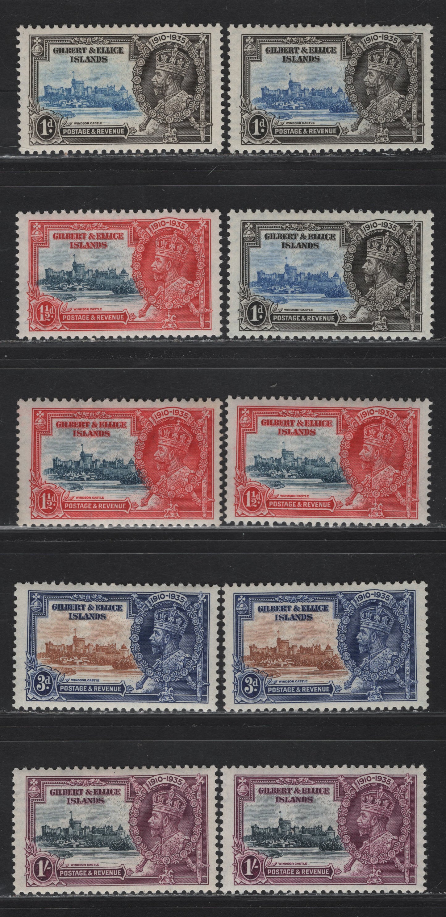 Lot 299 Gilbert & Ellis Islands SG#36-39 1d - 1/- Ultramarine & Gray - Slate & Rose Purple KGV & Windsor Castle, 1935 Silver Jubilee Issue, 10 VFOG Singles, Shade Grouping Showing Different Combinations of Frame & Vignette Plate Shades