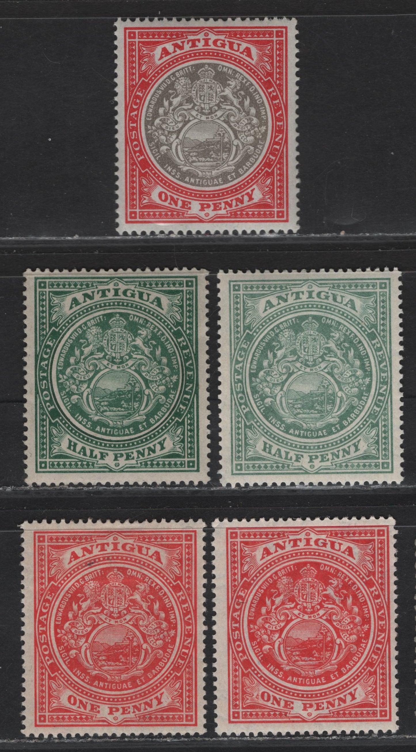 Lot 30 (C) Antigua SC#32, 41-44 1/2d - 1d Gray Green & Blue Green - Red & Scarlet Arms, 1903-1917 Arms Issue, 5 VFOG Singles, Crown CC & Multiple Crown CA Wmks