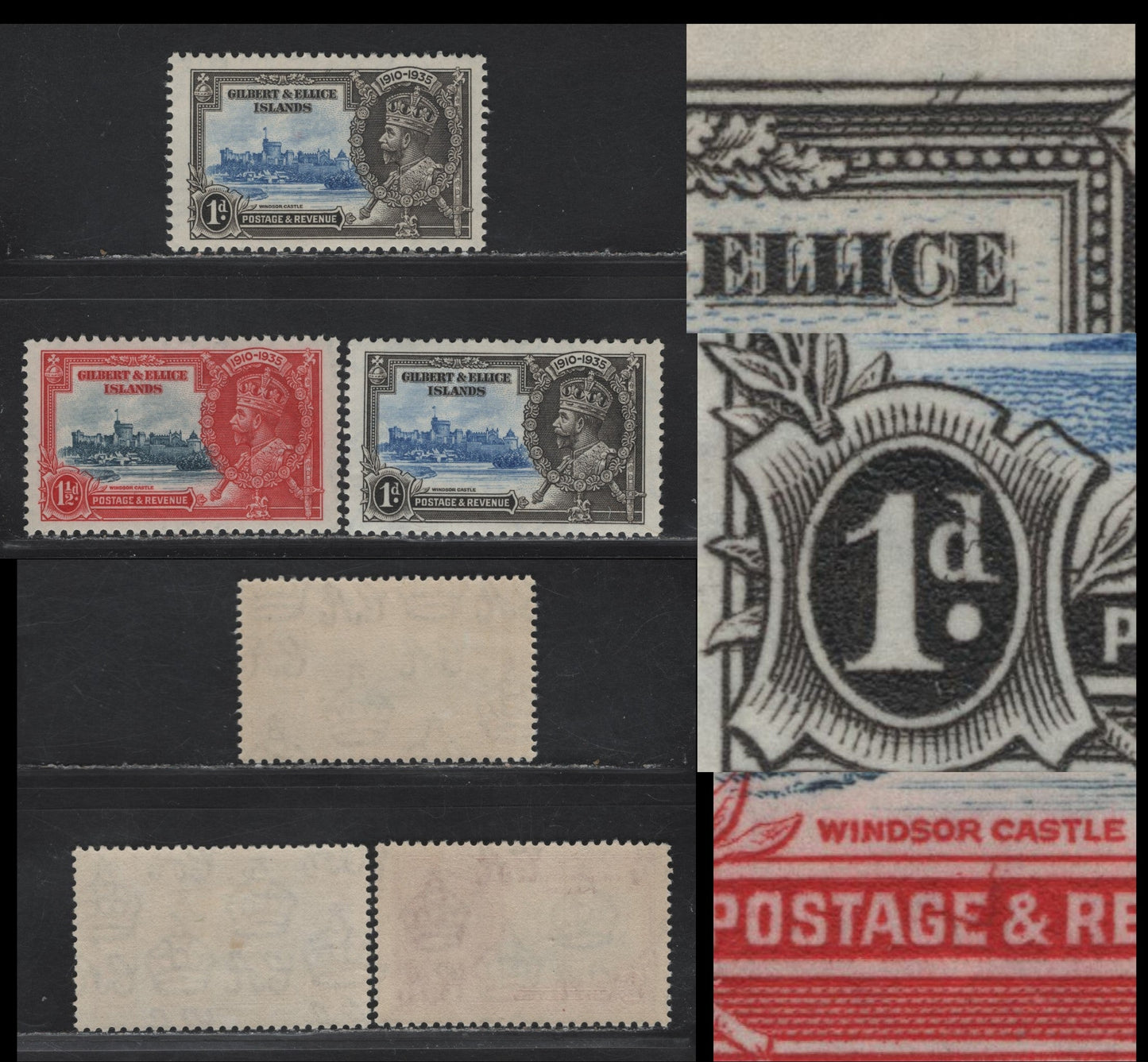 Lot 300 Gilbert & Ellis Islands SG#36var, 37var 1d & 1.5d Ultramarine & Gray - Dull Blue & Carmine Red KGV & Windsor Castle, 1935 Silver Jubilee Issue, 3 VFOG Singles, With Frame Plate Flaws