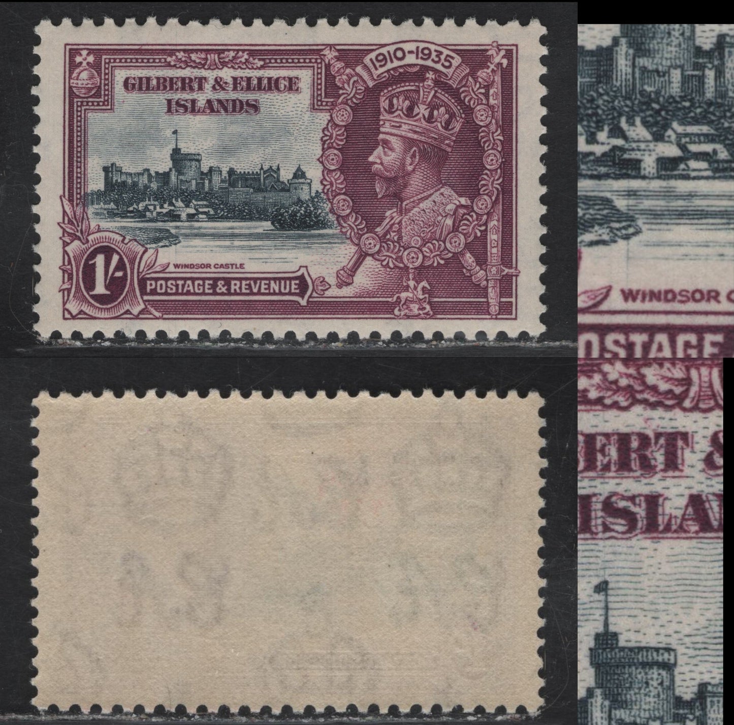 Lot 302 Gilbert & Ellis Islands SG#39var 1/- Slate & Rose Purple KGV & Windsor Castle, 1935 Silver Jubilee Issue, A VFNH Single, Vertical Scratch Through 'W' of Windsor & Flag