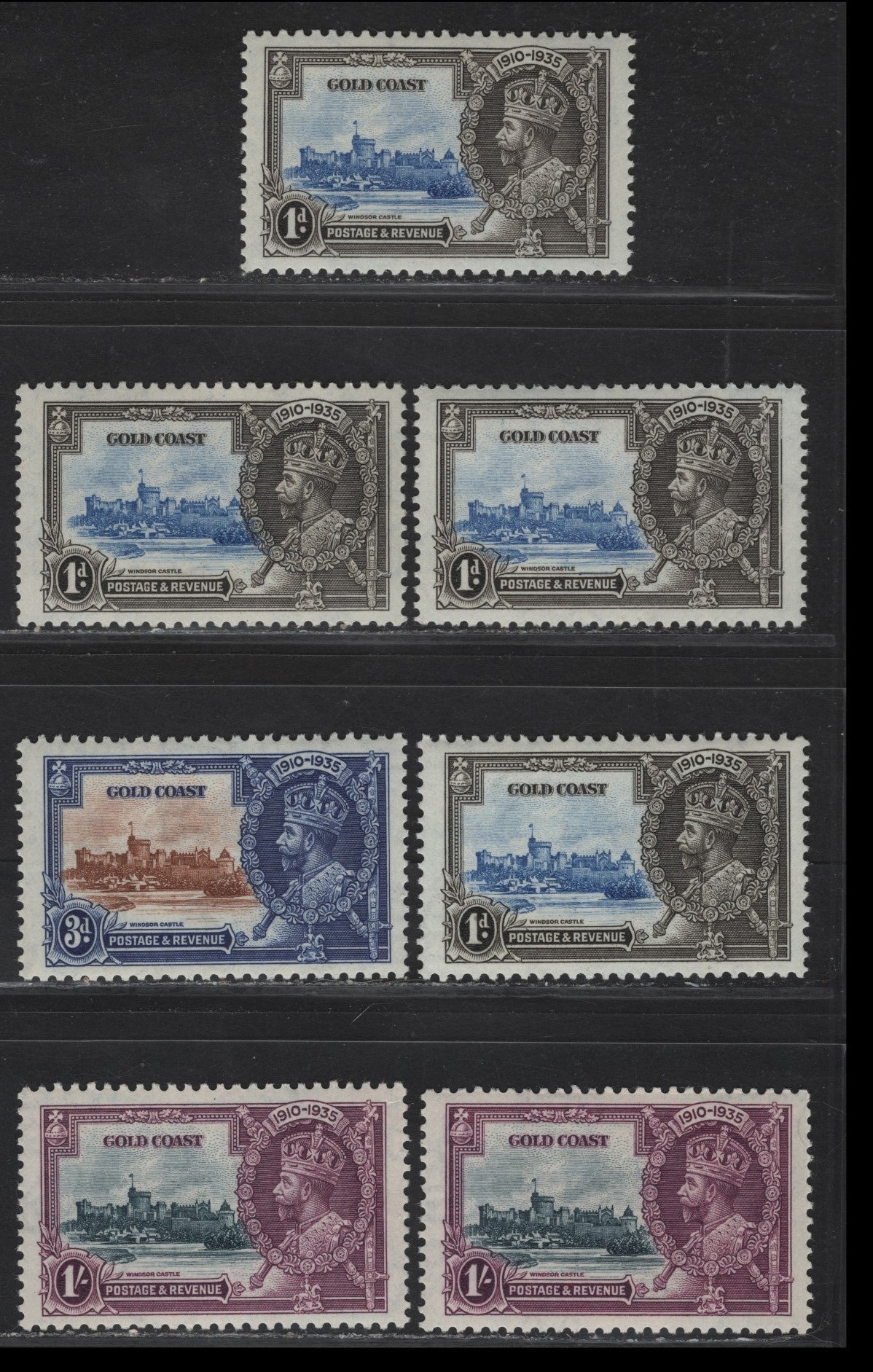 Lot 304 Gold Coast SG#113-114, 116 1d - 1/- Ultramainre & Gray - Slate & Rose Purple KGV & Windsor Castle, 1935 Silver Jubilee Issue, 7 VFNH Singles, Shade Lot Shoing Variation In Frame & Vignette Shades