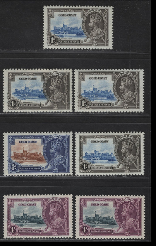 Lot 304 Gold Coast SG#113-114, 116 1d - 1/- Ultramainre & Gray - Slate & Rose Purple KGV & Windsor Castle, 1935 Silver Jubilee Issue, 7 VFNH Singles, Shade Lot Shoing Variation In Frame & Vignette Shades