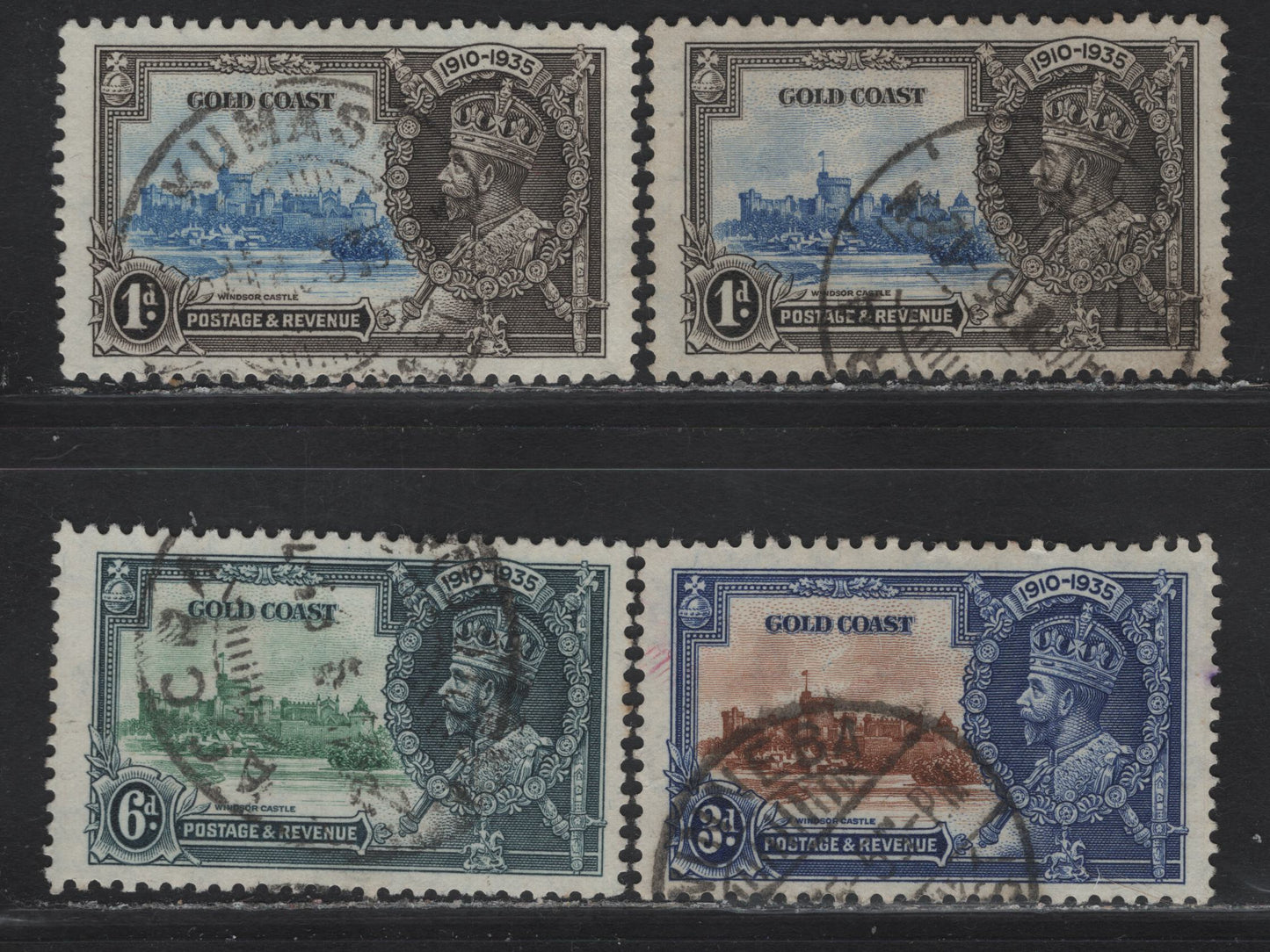 Lot 305 Gold Coast SG#113-115 1d - 6d Ultramarine & Gray - Green & Indigo KGV & Windsor Castle, 1935 Silver Jubilee Issue, 4 Fine/Very Fine Used Singles, Scarce Postally Used 3d & 6d, 2 Shades of Blue On 1d