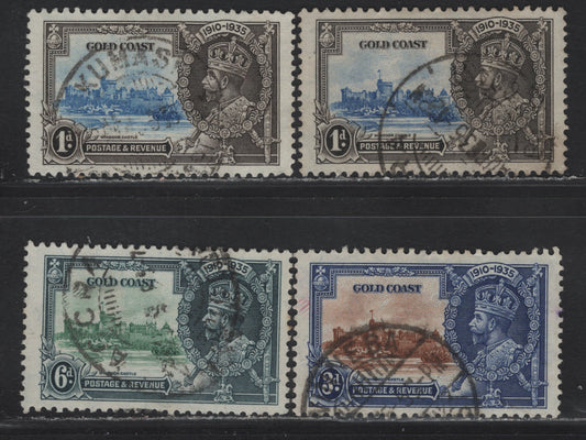 Lot 305 Gold Coast SG#113-115 1d - 6d Ultramarine & Gray - Green & Indigo KGV & Windsor Castle, 1935 Silver Jubilee Issue, 4 Fine/Very Fine Used Singles, Scarce Postally Used 3d & 6d, 2 Shades of Blue On 1d