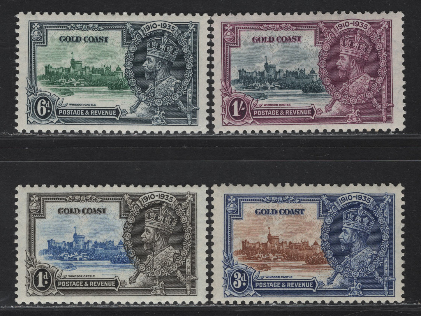 Lot 306 Gold Coast SG#113-116 1d - 1/- Ultramarine & Gray - Slate & Rose Purple KGV & Windsor Castle, 1935 Silver Jubilee Issue, 4 VFOG Singles, Basic VFOG Set