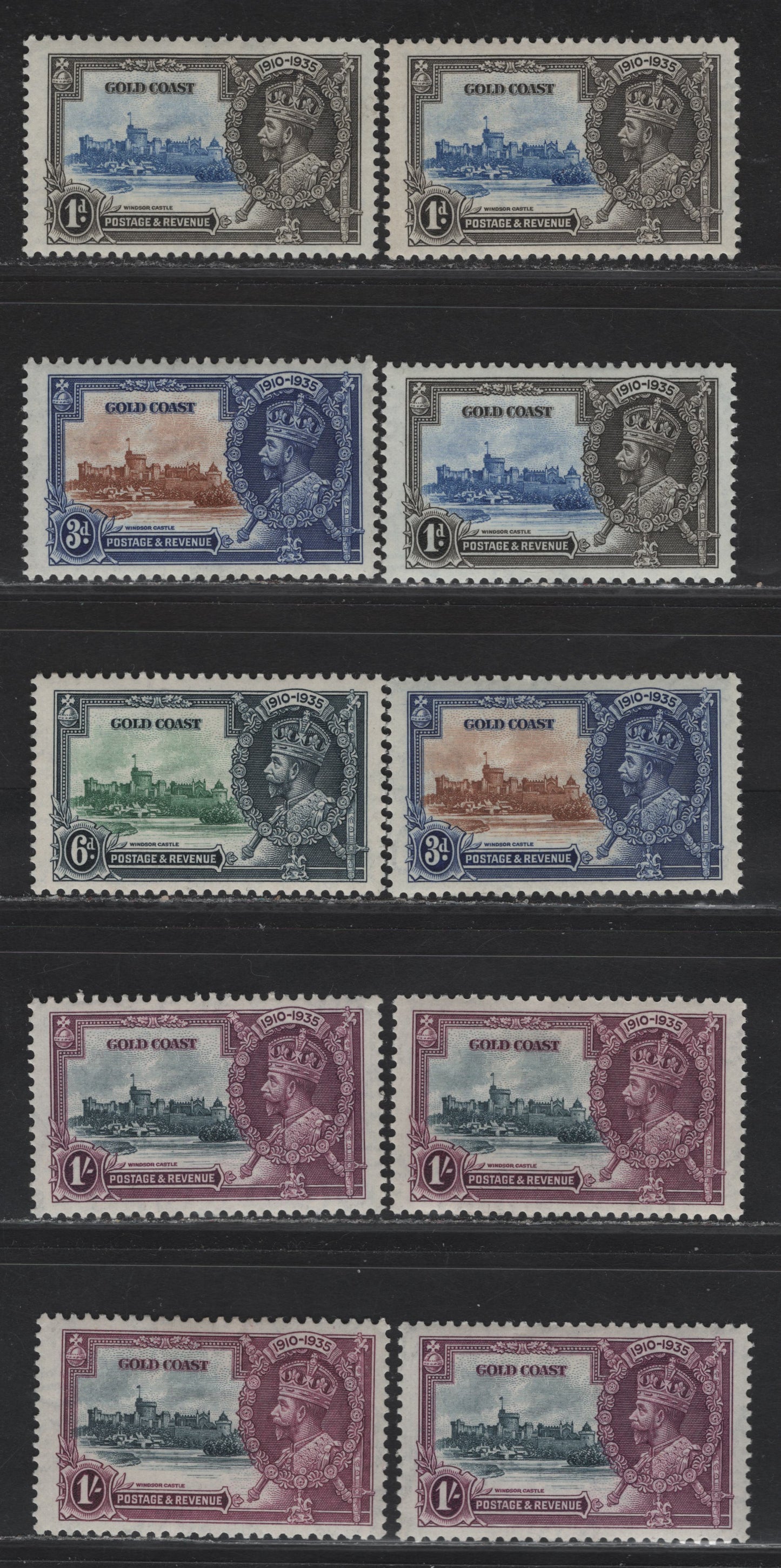 Lot 307 Gold Coast SG#113-116 1d - 1/- Ultramarine & Gray - Slate & Rose Purple KGV & Windsor Castle, 1935 Silver Jubilee Issue, 10 VFOG Singles, Shade Lot Showing The Variations In Frame & Vignette Shades Of All Values Except 6d