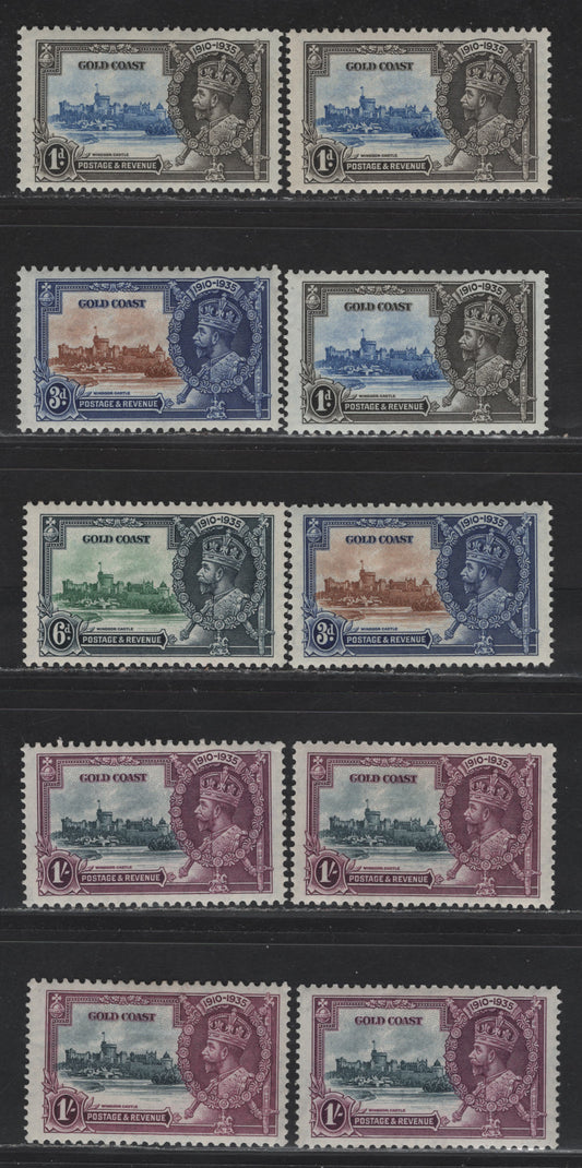 Lot 307 Gold Coast SG#113-116 1d - 1/- Ultramarine & Gray - Slate & Rose Purple KGV & Windsor Castle, 1935 Silver Jubilee Issue, 10 VFOG Singles, Shade Lot Showing The Variations In Frame & Vignette Shades Of All Values Except 6d