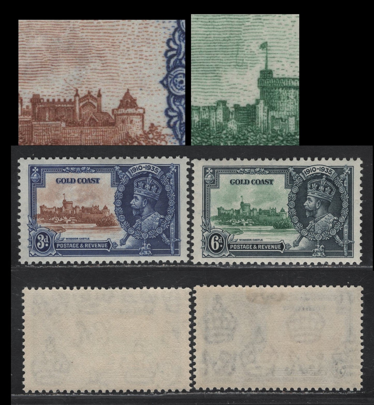 Lot 308 Gold Coast SG#114ar, 115var 3d - 6d Chestnut & Deep Bright Blue - Green & Indigo KGV & Windsor Castle, 1935 Silver Jubilee Issue, 2 VFOG/VFNH Singles, Showing Potentially Constant Vignette Varieties