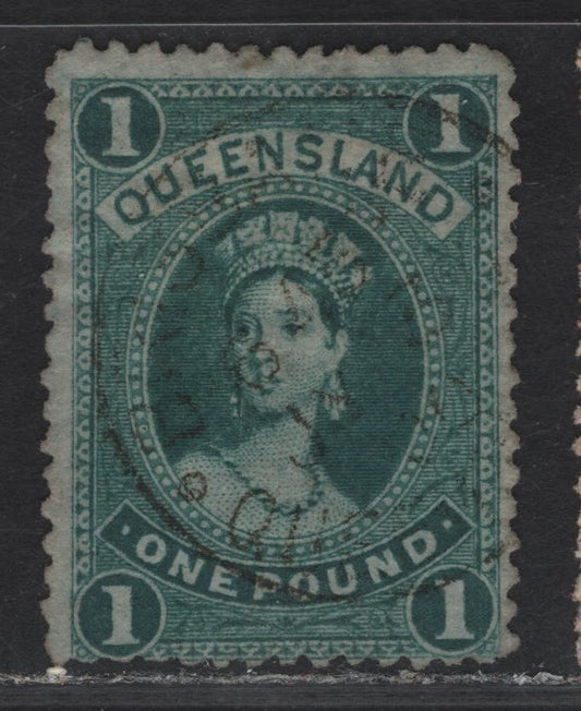 Lot 31 (C) Queensland SG#156 £1 Deep Blue Green Queen Victoria, 1882-1895 Queen Victoria Postal Fiscal issue, A Very Good Used Single, Wmk 5 Sideways, perf 12, Postal Fiscal Cancel.