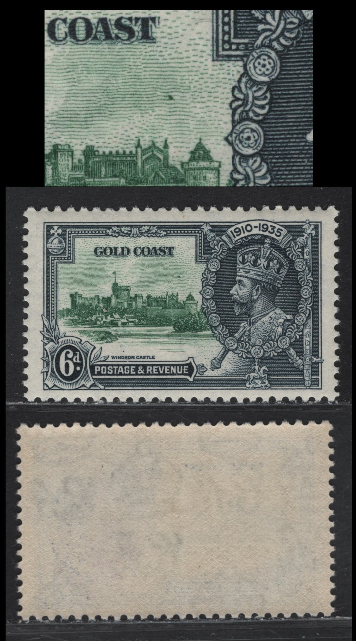 Lot 310 Gold Coast SG#115var 6d Green & Indigo KGV & Windsor Castle, 1935 Silver Jubilee Issue, A VFNH Single, Showing Dot In Sky Above Chapel