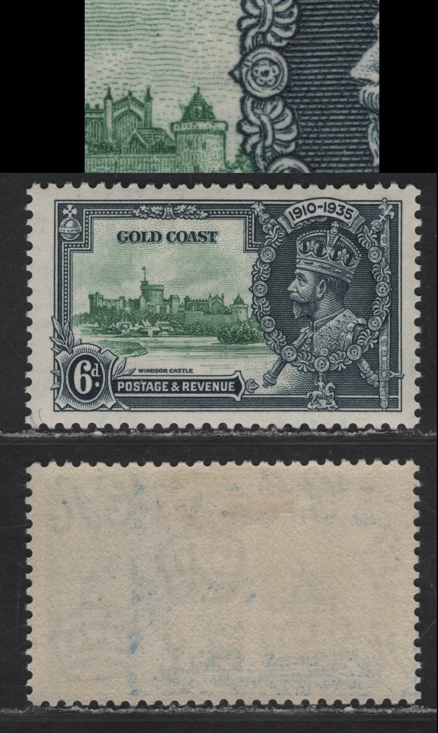 Lot 312 Gold Coast SG#115var 6d Green & Indigo KGV & Windsor Castle, 1935 Silver Jubilee Issue, A VFOG Single, Lightning Conductor On Curfew Tower
