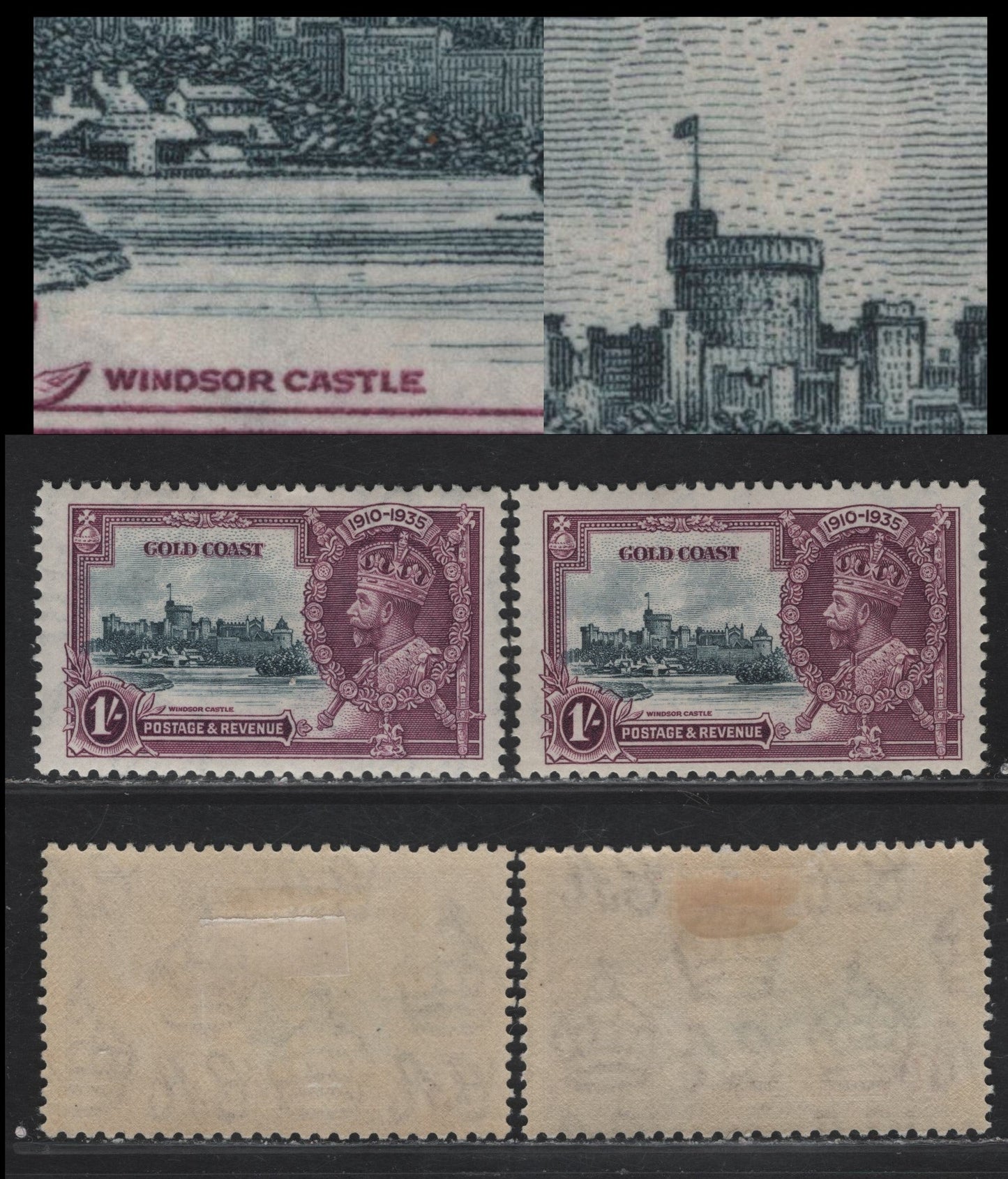 Lot 313 Gold Coast SG#116var 1/- Slate/Bluish Slate & Purple/Rose Purple KGV & Windsor Castle, 1935 Silver Jubilee Issue, 2 VFOG Singles, Diagonal Log In Water Above A Of Castle, Faint Extra Flagstaff To Left Of Round Tower