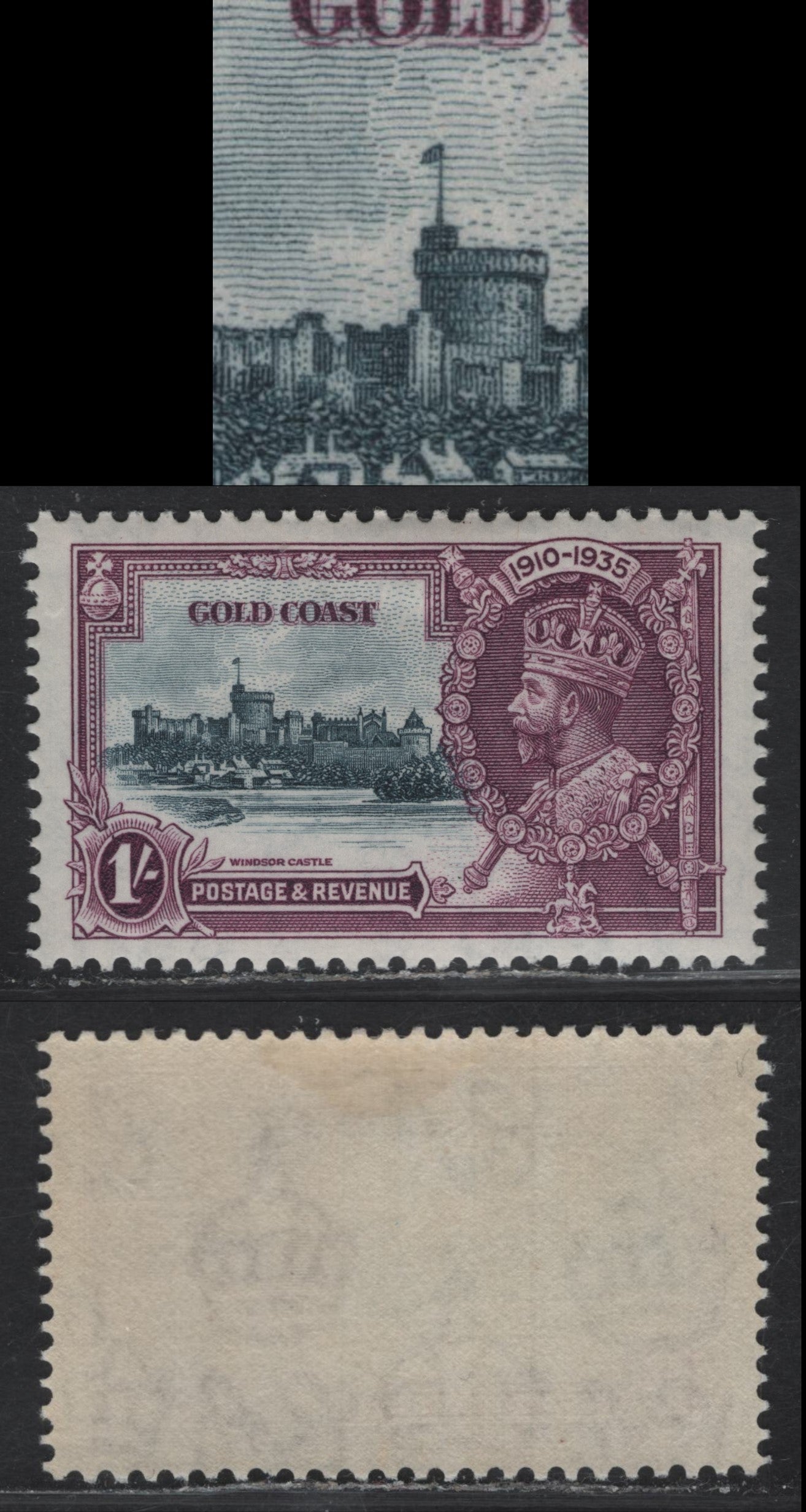 Gold Coast SG#116var 1/- Slate & Purple KGV & Windsor Castle, 1935 Silver Jubilee Issue, A VFOG Single, Short Extra Flagstaff To Left Of Round Tower