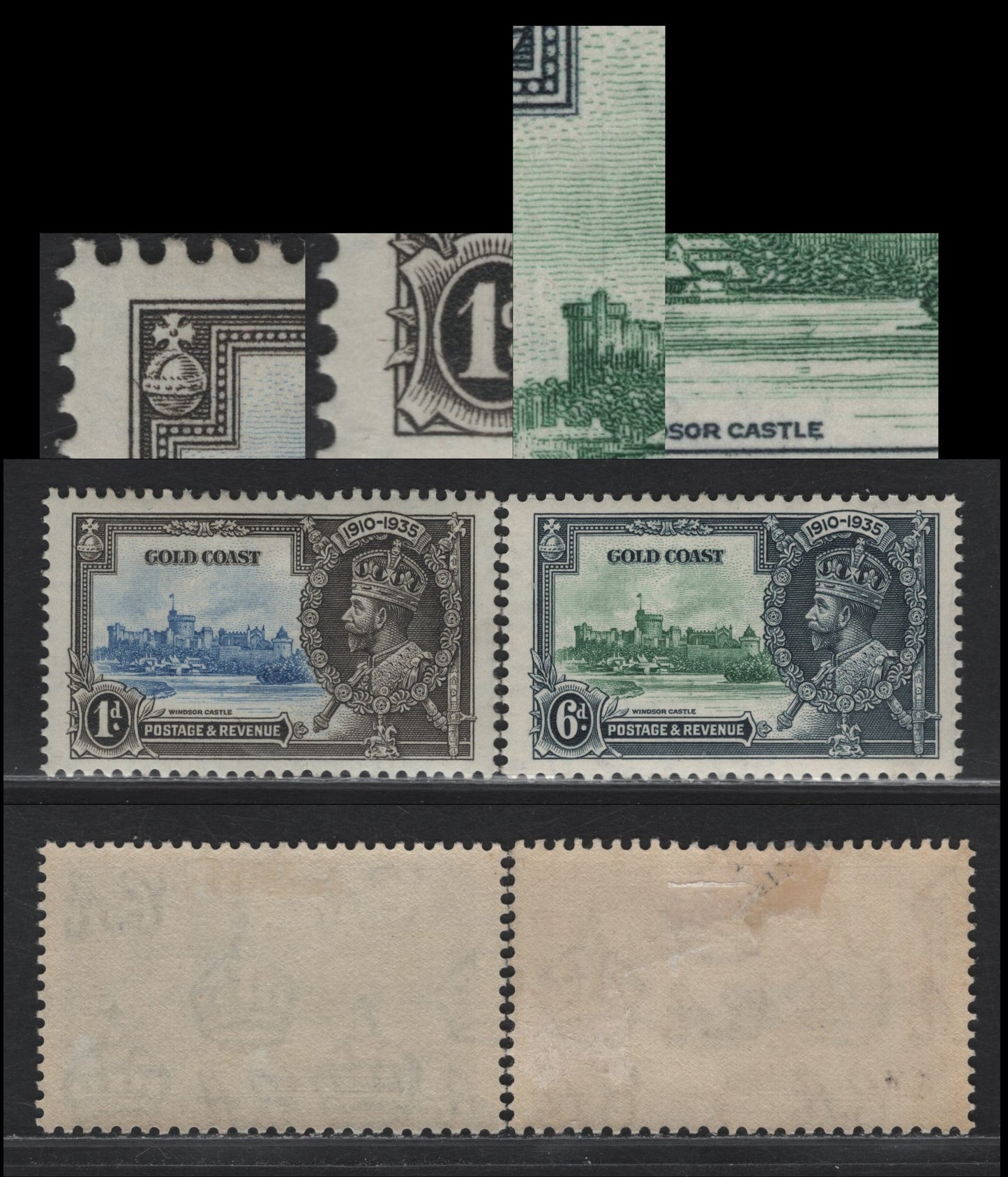 Lot 315 Gold Coast SG#113var, 115var 1d & 6d Ultramarine & Gray - Green & Indigo KGV & Windsor Castle, 1935 Silver Jubilee Issue, 2 VFOG Singles, Frame & Vignette Plate Flaws Which May or Not Be Constant