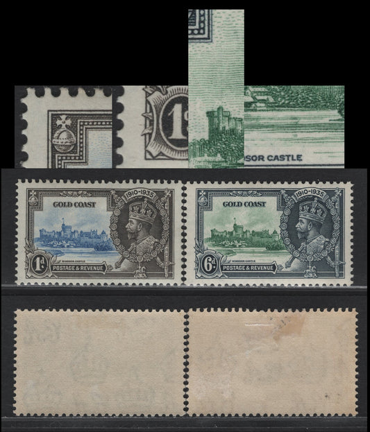 Lot 315 Gold Coast SG#113var, 115var 1d & 6d Ultramarine & Gray - Green & Indigo KGV & Windsor Castle, 1935 Silver Jubilee Issue, 2 VFOG Singles, Frame & Vignette Plate Flaws Which May or Not Be Constant