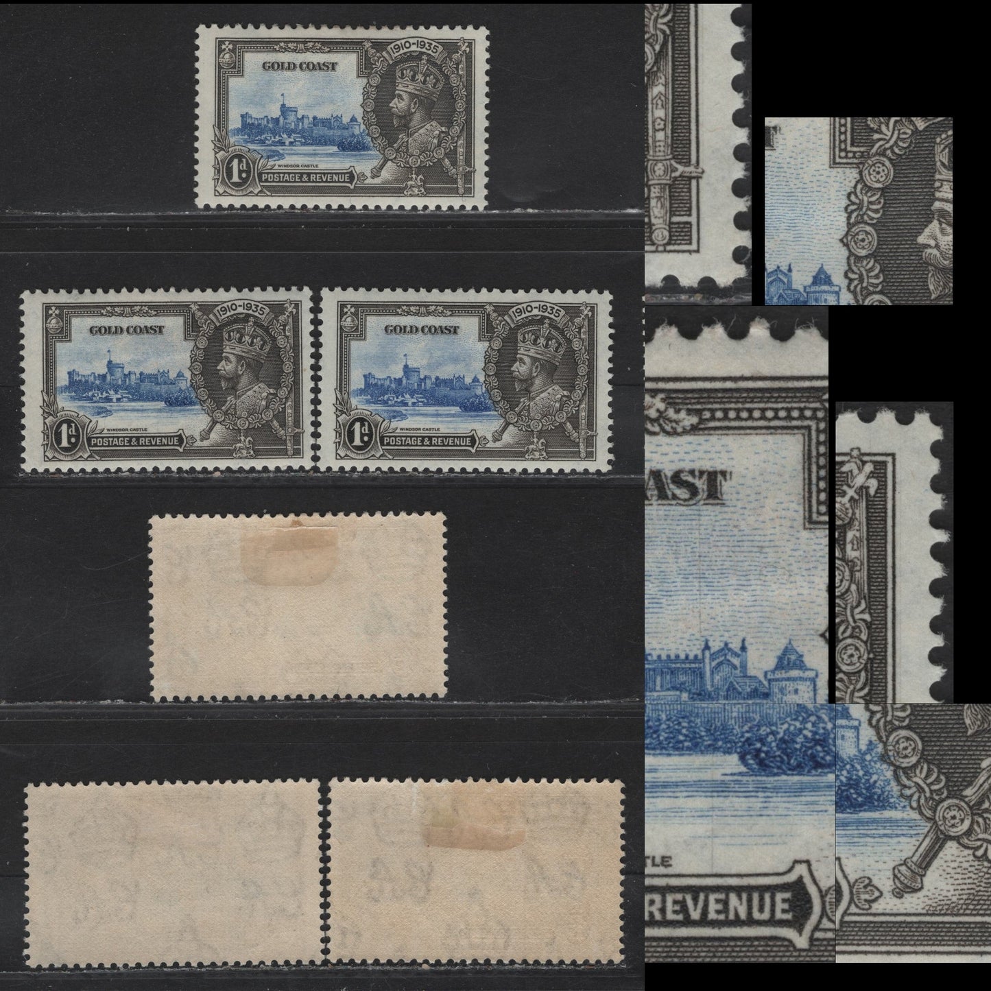 Lot 319 Gold Coast SG#113var 1d Ultramarine & Gray KGV & Windsor Castle, 1935 Silver Jubilee Issue, 3 F/VFOG Singles, Frame & Vignette Plate Cracks, Which Commonly Occurred On Bradbury Wilkinson Printings