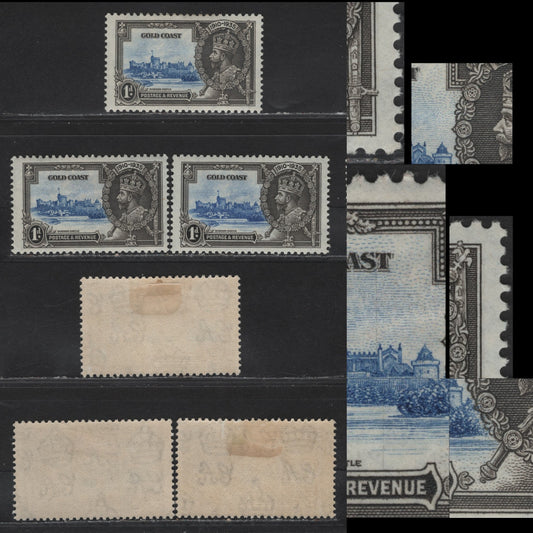 Lot 319 Gold Coast SG#113var 1d Ultramarine & Gray KGV & Windsor Castle, 1935 Silver Jubilee Issue, 3 F/VFOG Singles, Frame & Vignette Plate Cracks, Which Commonly Occurred On Bradbury Wilkinson Printings