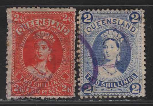 Lot 31A (C) Queensland SG#153, 157 2/6 - 2/- Vermillion - Bright Blue Queen Victoria, 1882-1895 Queen Victoria Postal Fiscal issue, 2 Very Good Used Singles, Sideways Wmk 5 & Wmk 10, Thick Paper, Fiscal Cancels.