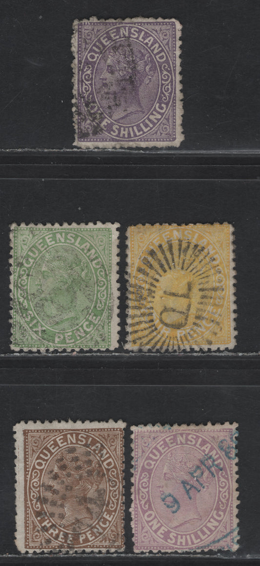 Lot 31B (C) Queensland SG#169-171, 174, 192 4d - 1/- Pale Yellow - Pale Mauve Queen Victoria, 1882-1890 Queen Victoria Lined Sidefaces Issue, 5 Very Good/Fine/Very Fine Used Singles, Wmk 6