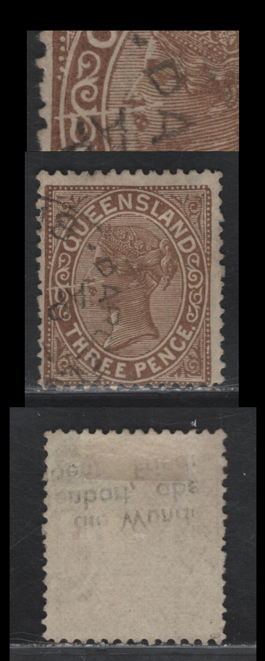 Lot 31C (C) Queensland SC#192var 3d Brown Queen Victoria, 1882-1890 Queen Victoria Lined Sidefaces Issue, A Fine Used Single, Unlisted In Gibbons, Wmk 6, Perf 12.5x13, Diagonal Scratch Across Medallion.