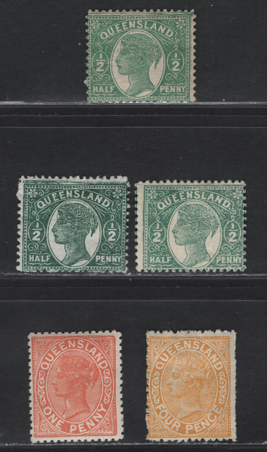 Lot 31D (C) Queensland SG#193, 206, 209, 219, 223 1/2d - 4d Green - Yellow Queen Victoria, 1890-1896 Queen Victoria Sidefaces Issue, 5 FOG Singles, Wmk 6 & 10, Perf 12.5, With & Without Moire On Back.